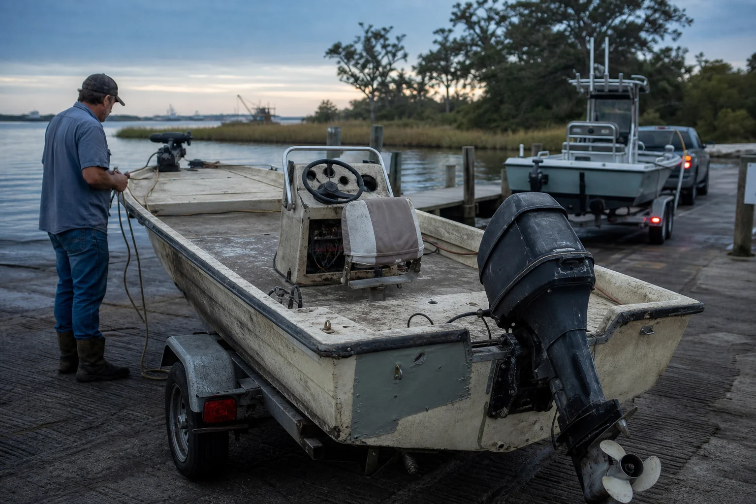 A fisherman prepares a patched older fishing boat and two-stroke at a Louisiana launch while a modern bay boat waits behind it