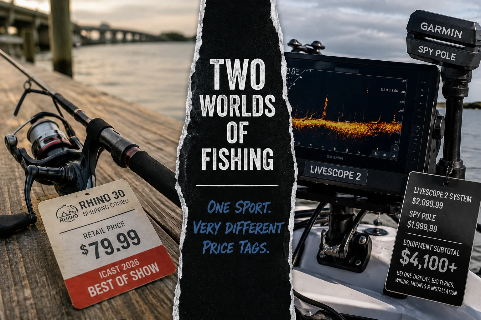 Affordable fishing tackle and premium sonar equipment divided by the words Two Worlds of Fishing