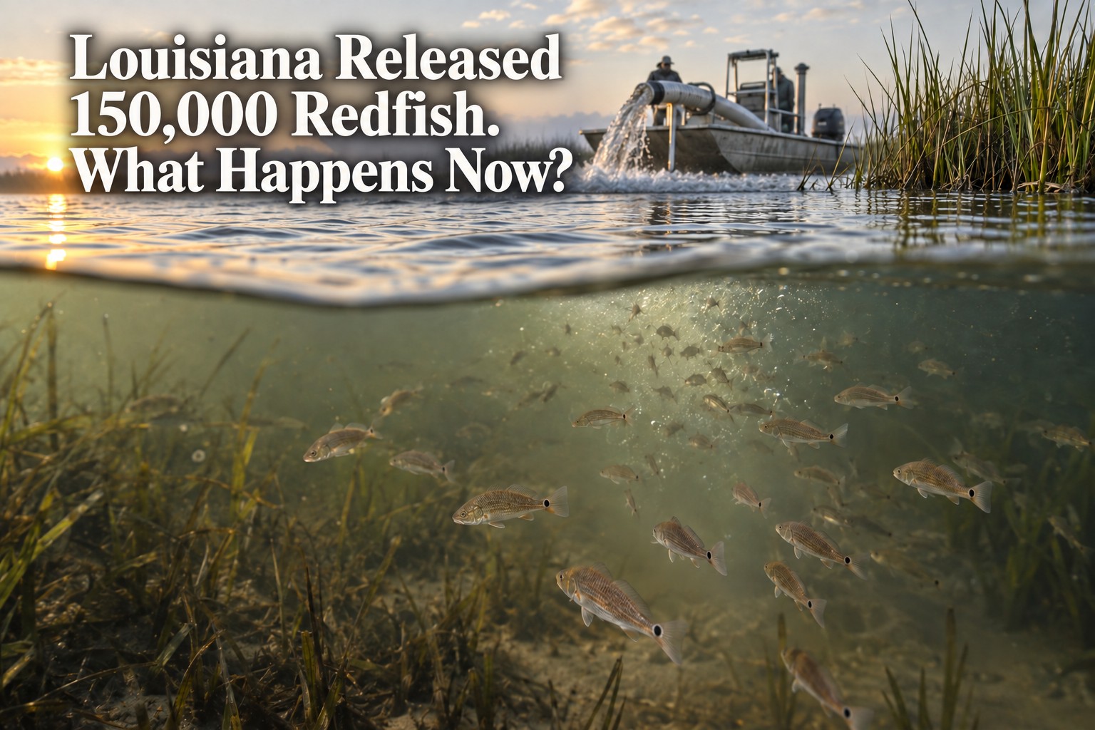 Juvenile redfish dispersing into a Louisiana marsh beneath the title Louisiana Released 150,000 Redfish. What Happens Now?