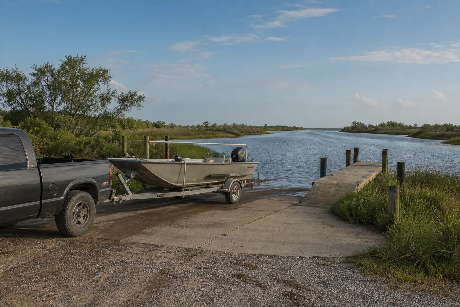 An older pickup and small aluminum fishing boat at a modest Louisiana public launch