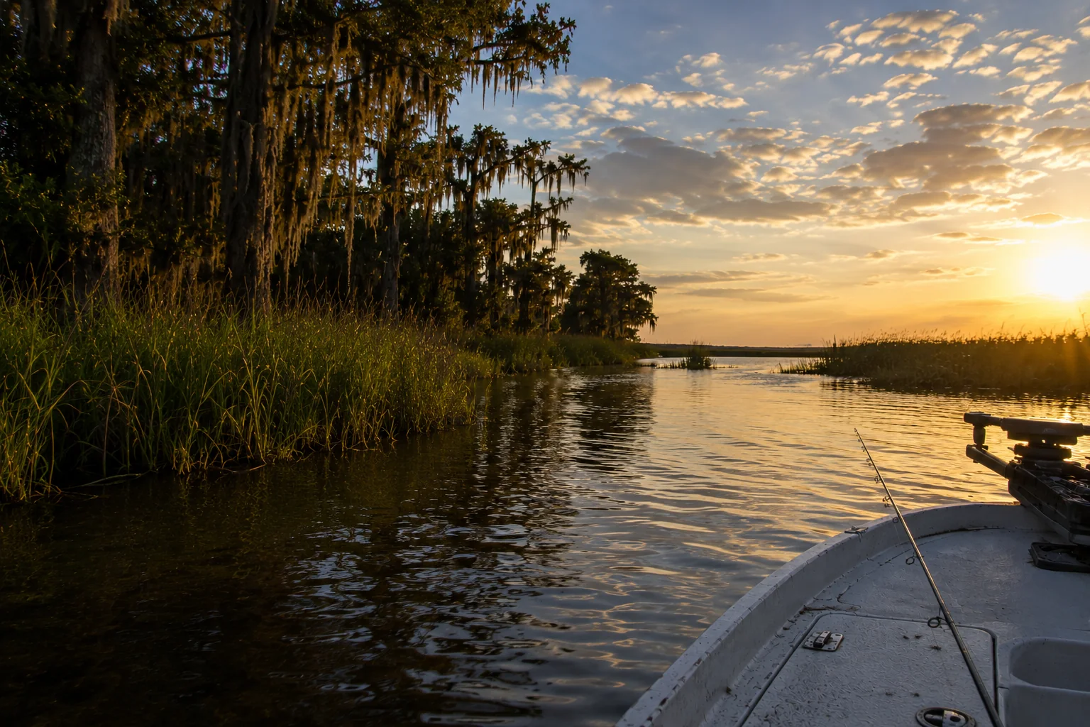 Louisiana marsh water and wetlands at golden hour from the bow of a fishing boat.