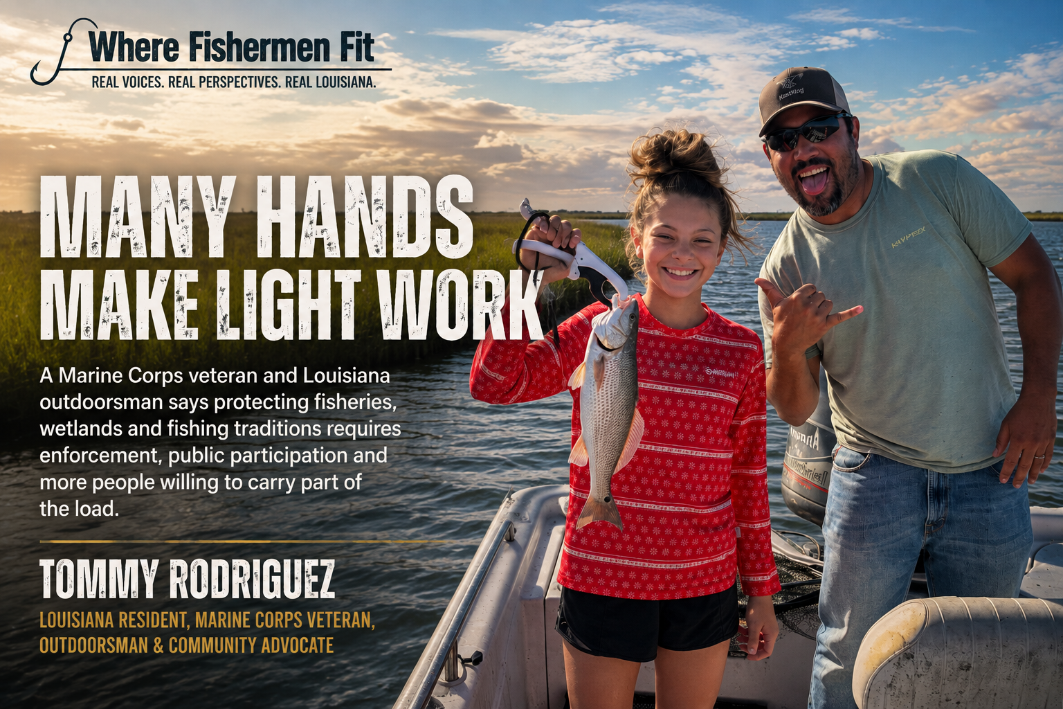 Tommy Rodriguez and a young angler on a boat with the Where Fishermen Fit title Many Hands Make Light Work