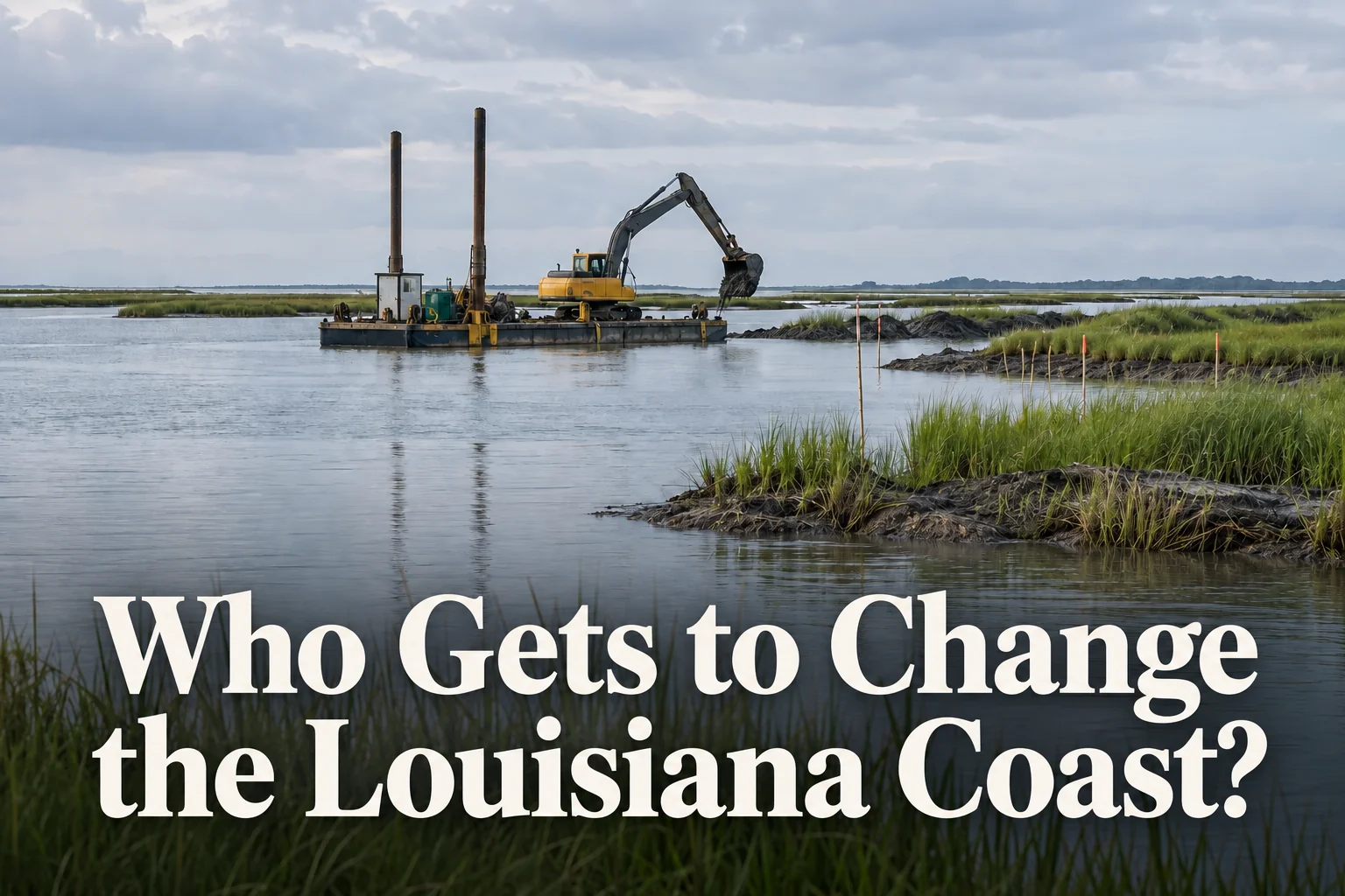 Cover art with the title Who Gets to Change the Louisiana Coast? over a coastal work barge illustration