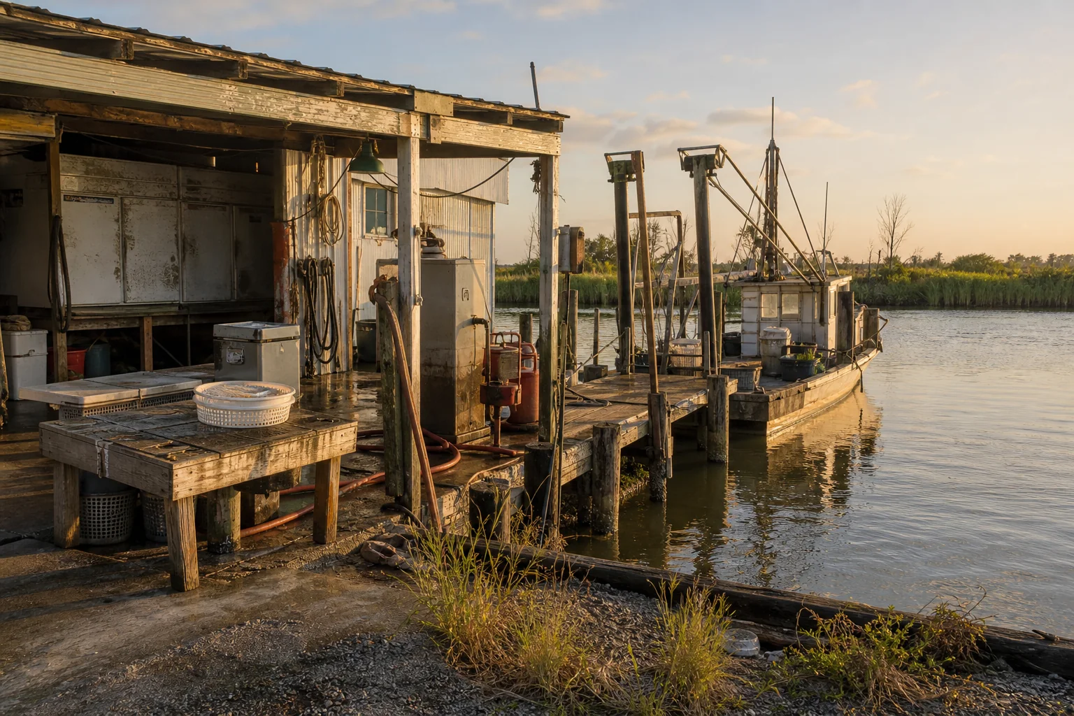 A weathered Louisiana seafood dock, shoreside equipment and commercial fishing boat at sunrise